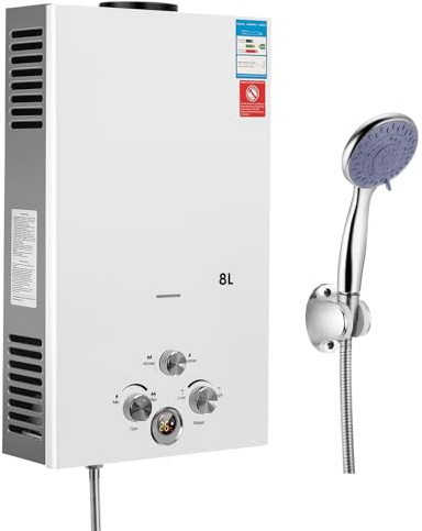 Gas Water Heater Instant Electric Tankless with Shower Head, Smart Portable Self-Modulating on Demand Use Under Sink Kitchen Household Shower w/Shower Kit, Outdoor Hot Water for House Shower, 8L