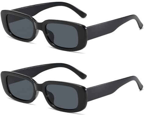 SAIIURV 2 Paia Rettangolari Quadrati Occhiali da Sole per Donne Uomini, Retangle Spesse, Polarizzati, Vintage Occhiali da Sole Montatura da Uomo e Donna, Protezione UV400 Retrò Vintage (Nero) (Nero)