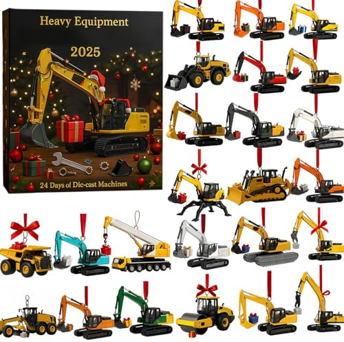 Heavy Equipment Advent Calendars 2025 | Adventskalender für Schwermaschinen | 24 Tage Weihnachts-Countdown-Kalender mit 2D-Druckgussmaschinen aus Acryl | Baufahrzeuge, Bagger-Sets, Hängedekorationen