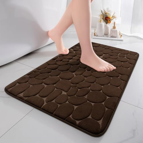 chakme Badematte rutschfest, 43x61 cm Dunkelbraun Badezimmerteppich | Memoryschaum Badteppich, Waschbar Badvorleger, Wasserabsorbierend Kieselsteine Duschvorleger