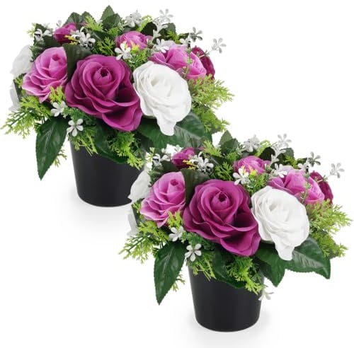 Leikedun 2 Pack Artificial Flowers for Graves Pots,White Purple Lilac Roses | Grave Flower Pots Silk Memorial Grave Flowers Cemetery Ornaments Outdoor Decorations, Weatherproof Funeral Arrangements