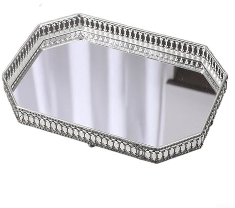 Plateau miroir vintage en métal pour salle de bain, chambre ou coiffeuse avec surface en verre et cadre rétro (E)
