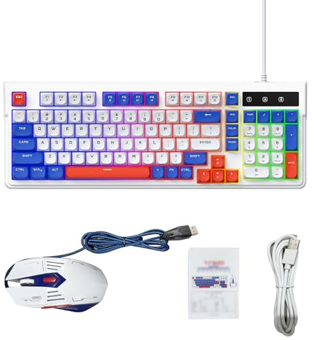 Multicolor Backlit 98-Key Gaming Keyboard Mouse Bundle Wired USB 98SE/ME/2000/XP/Vista/7/10 (Blue White)