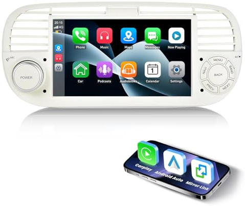 ESSGOO 4+64G Car Stereo Android 14 Carplay and Android Auto for FIAT 500 | （2007-2015）Autoradio with 7 Inch HD Touchscreen Bluetooth GPS Navigation RDS WiFi USB FM/AM Radio White