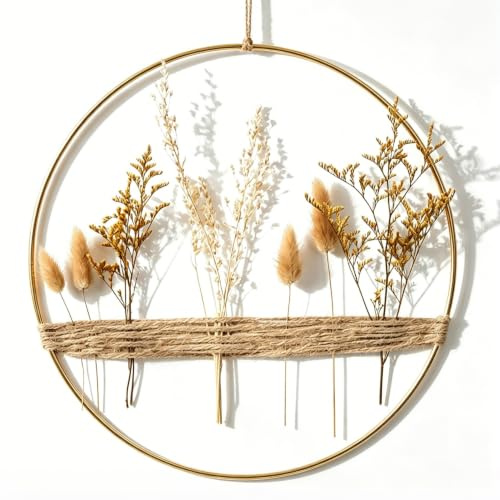 JUJOYBD Trockenblumen Kranz, 30 cm Boho Wanddeko Türkranz Fertig Montiert | Ganzjährige Blumenkranz mit goldenen Metallring, Juteseil zum aufhängen an Wand Tür Fenster & Hochzeit Deko, Geschenkidee