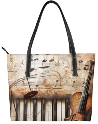 kkvhhyuo Einkaufstasche mit Weihnachtsmann-Motiv, aus Leder, wiederverwendbar, groß, mit Reißverschluss und Taschen, Einkaufstasche für Arbeit, Schule, Reisen, Musiknoten für Klavier / Violine