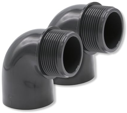 Baumaxxe 2x PVC Reduziermuffe 50mm auf 1 1/2 Zoll Außengewinde 90° - bm208 | 10 Bar, Winkelmuffe 90 Grad, für 50mm PVC Rohr und 1 1/2 Zoll IG, Klebemuffe x AG, Pool Zubehör für 50mm Poolverrohrung