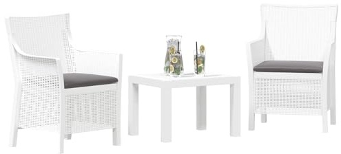 vidaXL Lounge-Set mit Kissen 3 pcs Weiß PP, Gartenmöbel-Set, Moderne Bistro-Tische, platzsparende Wetterfeste Stühle, stylische Entspannung für draußen