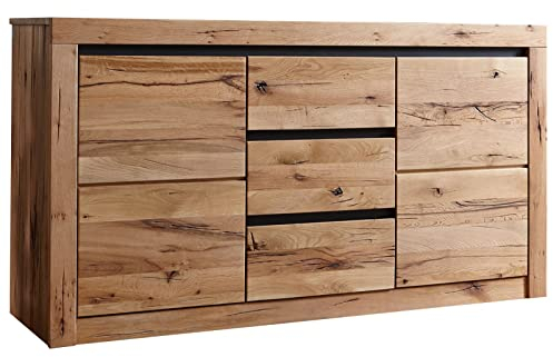 MASSIVMOEBEL24.DE Sideboard MONTREUX, Beistellschrank aus Zerreiche massiv Eiche Natur geölt, mit 3 Schubladen und 2 Türen