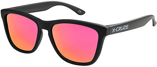 X-CRUZE 9-072 Nerd Sonnenbrillen polarisiert Style Stil Retro Vintage Retro Unisex Herren Damen Männer - schwarz matt LW/pink-orange verspiegelt