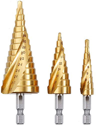 Rovtop 3PCS Foret Fraise Meche Etage, HSS Inox Metal, 4-12/20/32mm, Triangle Conique Titane, avec Tige Hexagone, Pour Visseuse Percage sur Acier, Laiton, Bois, Plastique