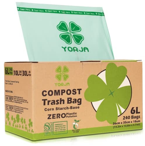 YORJA 6L Compost Caddy Liners 240 Bags, 100% Biodegradable Kitchen Bin Bags for Food Waste with Europe EN13432 & US BPI Certified