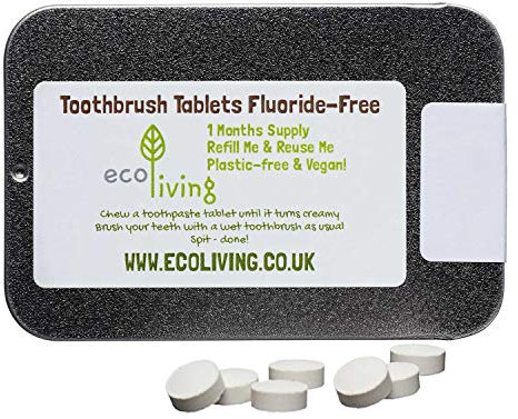 EcoLiving Fluoride Free Toothpaste Tablets in 65 tabs in Refillable & Recyclable Metal Tin 1 Month Supply Vegan Safe Toothpaste Alternative