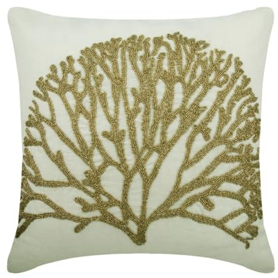 The HomeCentric dekorativ Elfenbein & Gold Dekokissen, 45 x 45 cm Leinen Kissenbezug, Kissenhulle mit Korallen & Meeresbewohner, Meeresbewohner Kissenbezug, Beach Style Dekokissen - Gold Forest
