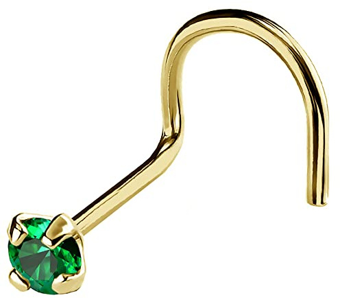 Jewelry Avalanche 22G Solid 14Kt Gold Nose Screw Stud with Prong Set real Emerald Gemstone, 14kt Yellow Gold or 14kt White Gold - May Birthstone Nose Ring-NSYG_ED-2MM