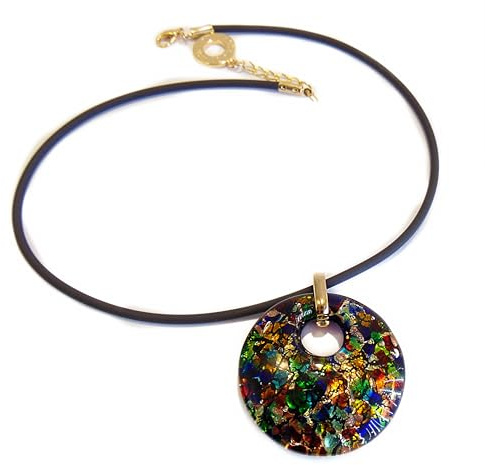 VENEZIA CLASSICA - Collier pour femme avec pendentif en verre de Murano original avec feuille en or 24 carats, cordon en caoutchouc tour de cou, fabriqué en Italie certifié