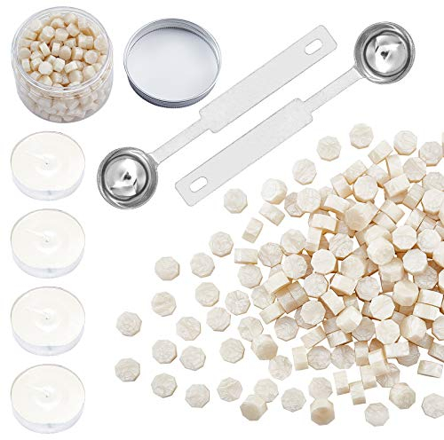 craspire 300 Stück Octagon Sealing Wax Beads Sticks Mit 4 Stück Teekerzen Und 2 Stück Wax Melting Spoon Zum Versiegeln von Wachsstempeln (Pearl White)