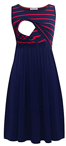 Smallshow Robe d'allaitement de Maternité sans Manches en Patchwork pour Femmes avec Poches Navy Wine Stripe-Navy Medium