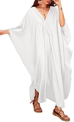 Bsubseach Women Casual Kaftan Batwing Sleeve Plus Size Swimsuit Cover Up Maxi Beach Dress White