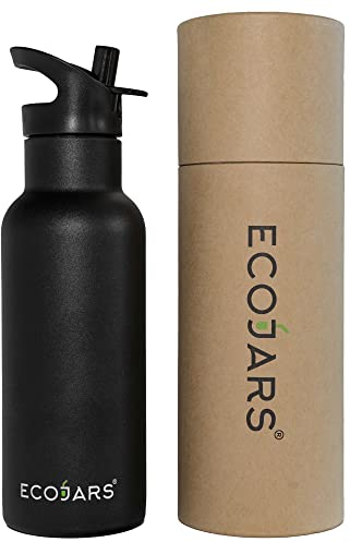 EcoJars Water Bottle with Standard Mouth Sport Straw, Black Matt Stainless Steel Double Wall