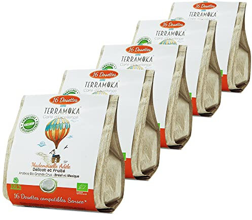 TERRAMOKA 80 Dosettes (5*16) Café 100% Pur Arabica du Brésil et Mexique - Compatible avec Dosette Senseo - Expresso et Lungo - Bio Délicat, fin et fruité - Adèle - Biodégradables - Torréfié en France