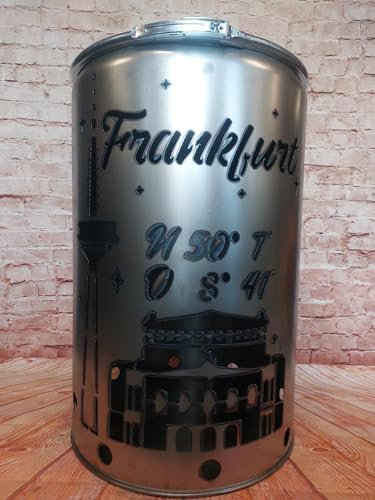 Fuchsbau Feuertonnen Feuertonne mit - Frankfurt - Motiv - Gefertigt aus neuem Ölfass - Besondere Feuerstelle für Garten und Terrasse - Hohe Feuerschale mit Rostoptik - 90 x 60 cm