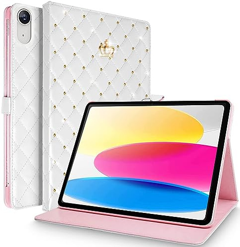 Changjia for iPad 10th Generation 10.9 2022 Case, Girly Crown Diamond Rhinestone Cute Elegant PU Leather Smart Auto Sleep/Wake Kickstand Shockproof Case for Apple 10.9 inch iPad 10th (White)