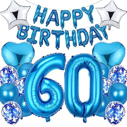 Ouceanwin Luftballon 60. Geburtstag Deko Mann, Blau Geburtstagsdeko 60 Jahre Männer, Folienballon Happy Birthday Deko 60. Geburtstag Mann Frauen, Ballons 60. Geburtstag Dekoration Set