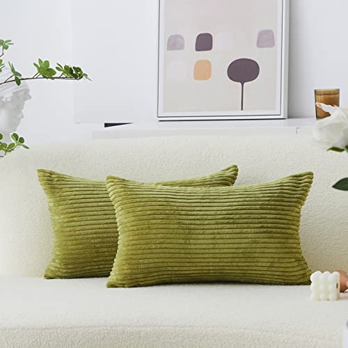 Home Brilliant Green Cushion Covers 12x20 Inch, Striped Velvet Corduroy Cushion Cover for Rectangle Cushions Indoor Outdoor Sofa Decor, Pack of 2, (30cm x 50cm, Grass Green)