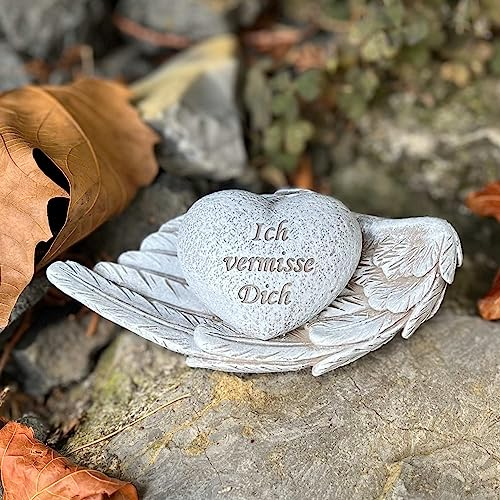 eberin · Friedhof Engelsflügel mit Gedenkherz/Trauerherz/Spruchherz/Grab Herz mit Spruch Ich vermisse Dich