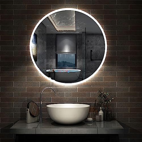 Aica Sanitär Runder LED Badspiegel Rund 80cm 3 Lichfarbe dimmbar Memory Wand/Touchschalter Anti-Beschlag Wandspiegel Rund Explosions-schutzfolie IP44 energiesrarend
