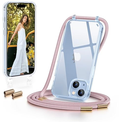 GOODVISH Coque pour iPhone 15 avec Cordon de Collier, Transparente Coque Bumper Etui Housse avec Cordon Réglable Téléphone Lanyard Case Anti-Chute Collier Cover 6,1 Pouces TPU, Or Rose