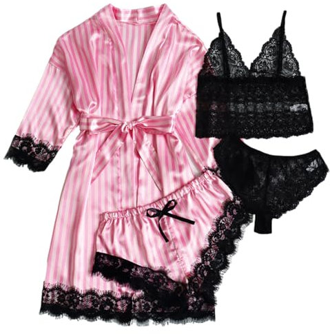 Jamron Donna Sexy Pizzo Floreale 4 Pezzi Set Pigiama in Raso Babydoll Completo Intimo Erotico SN070316 Rosa Strisce XL