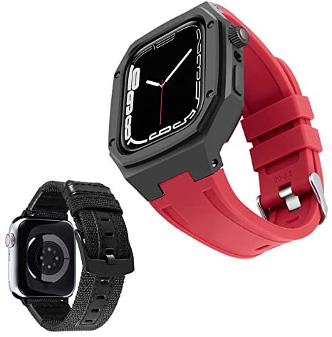 BINLUN Bracelets Compatible avec Apple Watch 44mm 45mm 2 Pièces Bracelet de Montre en Silicone avec Boîtier en Métal Bracelet en Toile Compatible avec iWatch Serie 9/8/7/SE2/SE/6/5/4 (Rouge,Noir)