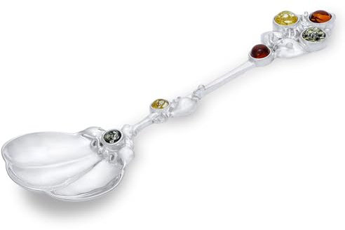 AMBEDORA Silver Spoon Andalusia with Amber, Polished Sterling Silver, Baltic Amber in Three Colours, L 10 cm