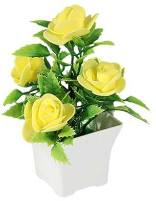 Tainrunse Lebendiges künstliches Rosenarrangement, langlebige künstliche Rosenpflanze, künstliche Topfpflanze, lebendige Farben, künstliche Rosen-Bonsai für Heimdekoration, Gelb