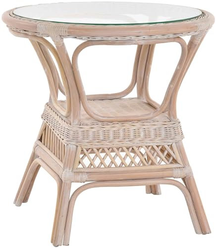 Krines Home Rattan Tisch Beistelltisch Landhaus Rattantisch mit Glasplatte Wohnzimmer Kaffetisch (Vintage Weiss, Ø65cm)