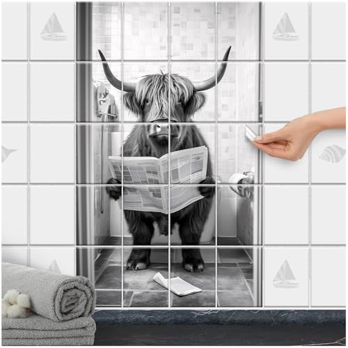 FoLIESEN Fliesenaufkleber - Klebefliesen zum Fliesen überkleben für Bad, Badezimmer, Gäste-WC - selbstklebende Fliesen - Muh-dernes Zeitungslesen, Fliese - Bild (BxH):20x25 cm - 40x75 cm / 6-tlg.