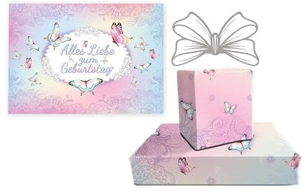 Set XXL A4 Glückwunschkarte zum Geburtstag mit 6 Geschenkpapier-Bögen (A3-Format) Geburtstagskarte Grußkarte Happy Birthday Mädchen Mädels Schmetterlinge Blumen Elegant große Klappkarte