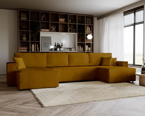 Emporius Ecksofa 375 cm Bergamo U - Schlafsofa, Eckcouch mit Bettkasten - Couch 375 cm U-Form mit Schlaffunktion - Cordstoff Velvet (Orange - Poso 01)