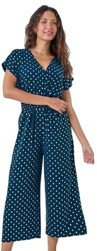 Roman Stretch Wrap Jumpsuit for Women UK Ladies Wide Leg Culotte Summer Spring Everyday Holiday V-Neckline Soft Evening Vacation Work Cocktail Party Going Out - Metallic Navy - Size 16