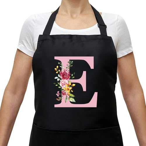 Personalisierte Initialen Schürzen Damen, Kochschürze Baumwolle Verstellbare Küchenschürze mit Taschen zum Kochen, Backen, Geschenk für Frauen Mama Oma Freundin zum Geburtstag Muttertag Weihnachten E