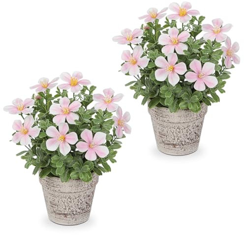 Arborus 25CM Artificial Flowers in Rustic Pot 2pcs Small Fake Plants Indoor in Pots Light Pink Decorative Artificial Oxalis Flowers for Farmhouse Windowsill Home Table Centerpiece Decoration