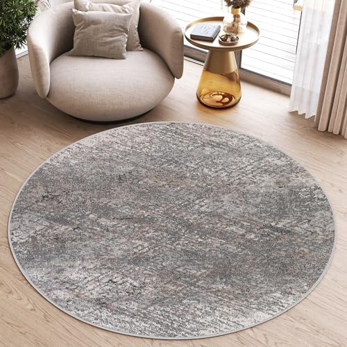 TAPISO Valley Rund Teppich Kurzflor Weiß Grau Verwischt 160 x 160 cm | Used Effekt Meliert Verwischt Abstrakt Modern Wohnzimmer Schlafzimmer OEKO-TEX