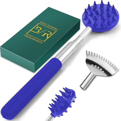 VOMEP Rückenkratzer mit 4 abnehmbaren Köpfen, tragbarer ausziehbarer Rückenkratzer, Geschenke für Damen und Herren, Strumpffüller, Metall-Edelstahl-Massagegerät/Rückschlag zum Kratzen (blau)