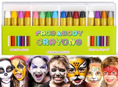 Pinturas Cara para Niños,16 Pack Seguro Crayones Pintura Facial de Colores Face Pastelli Palos para Niños Fiesta Maquillaje Halloween Juego Carnevale Pasqua Natale