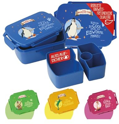 AWAVE Die Schule der Magischen Tiere Brotdose Kinder mit Fächern rPET Blau Juri Snackbox 1 L mit Deckel und 4 Fächer Unterteilung, Auslaufsicher, Pausenbox für Schule Kindergarten Picknick Reise