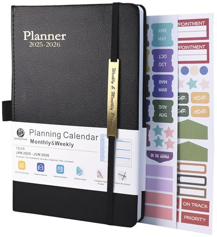 Terminplaner 18 Monate 2025-2026, A5, Wochenansicht, Monatsplaner mit Ledereinband, Stiftschlaufe, Innentasche (Schwarz)