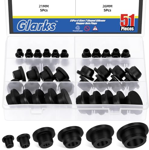 Glarks 51pcs 6 Sizes Hollow Silicone Hole Plug Set, Black High Temp Silicone Plug, T Shaped Stopper Hole Plug, Round Hole Flexible Stopper for Wire Cable, Hole Plugs, Automotive, Water Pipe