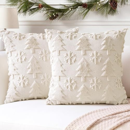 Artscope 2er Set Wolle Kissenbezüge Weicher Plüsch Kurzer Wollsamt Dekokissenbezuge Sofakissen Europäische Kissenhülle für Sofa Schlafzimmer Weihnachtsbaum und Schneeflocke Beige, 50x50cm